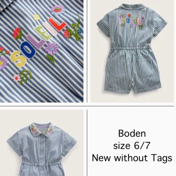 Boden Girls size 6-7 years Blue Ticking Stripe Denim Romper SOLEIL Brand New - Picture 1 of 13